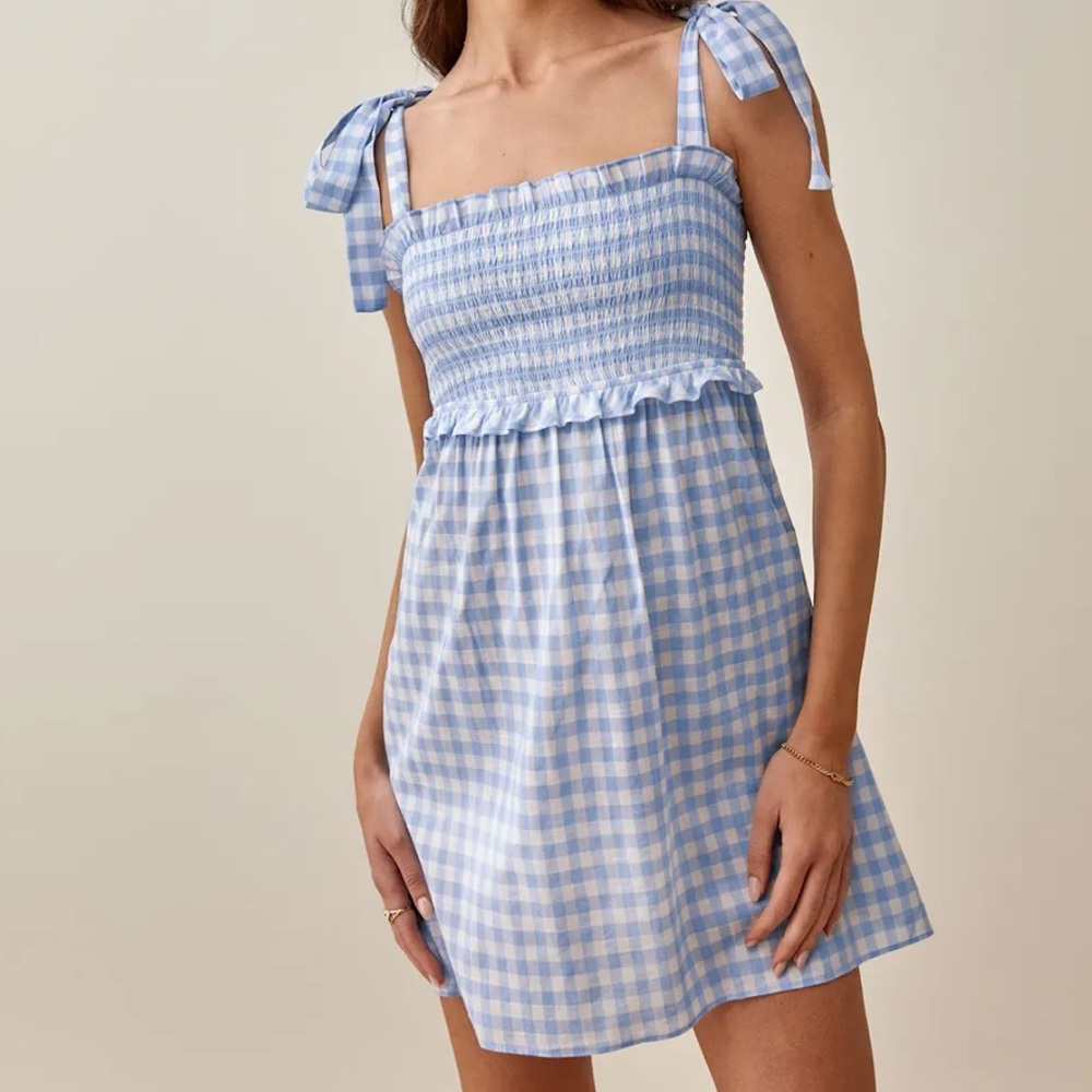 NWT Reformation Dawson Blue and White Gingham Mini Dress